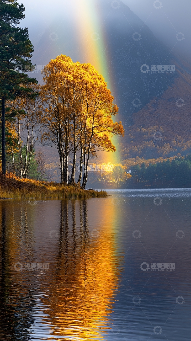 高清大图下载【趣麦麦图】秋日彩虹湖边金黄树木