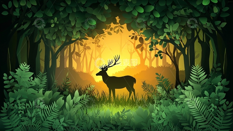 高清大图下载【趣麦麦图】森林剪影鹿
