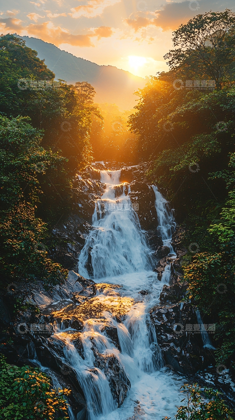 高清大图下载【趣麦麦图】夕阳西下瀑布美景
