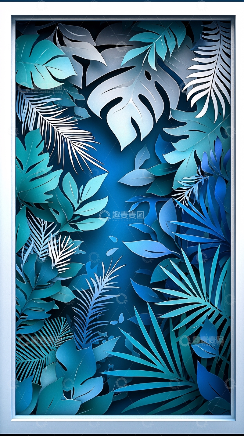 高清大图下载【趣麦麦图】蓝色植物剪纸