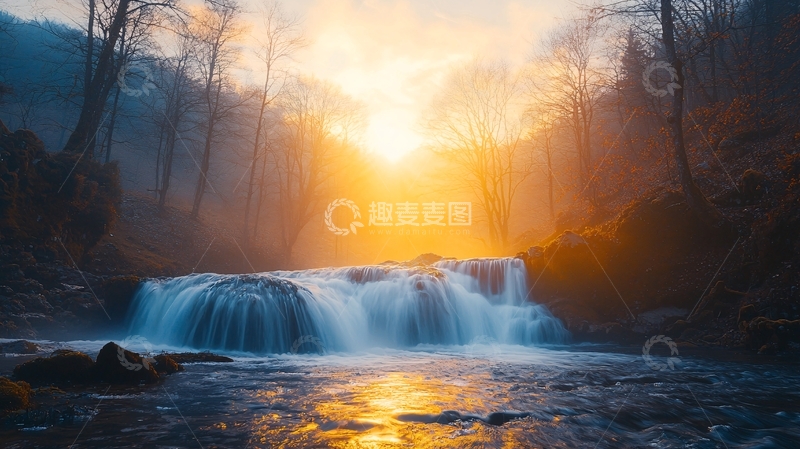 高清大图下载【趣麦麦图】雾气森林瀑布日出