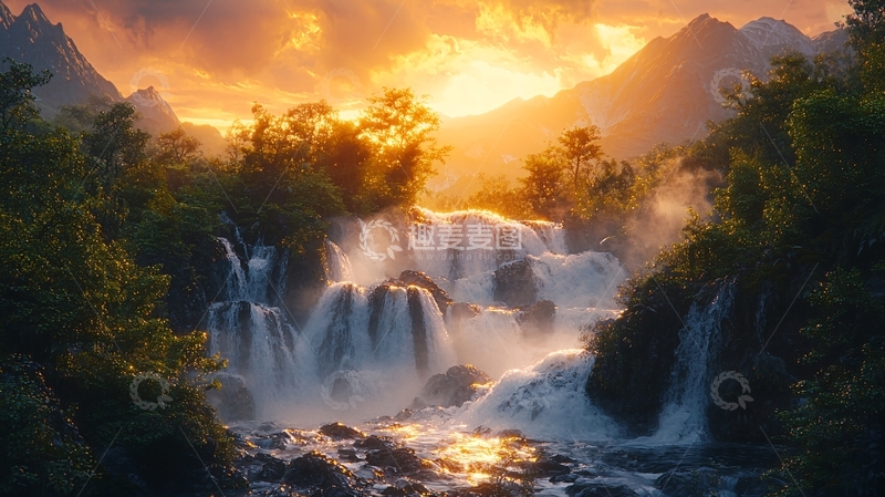 高清大图下载【趣麦麦图】日落瀑布山脉风景