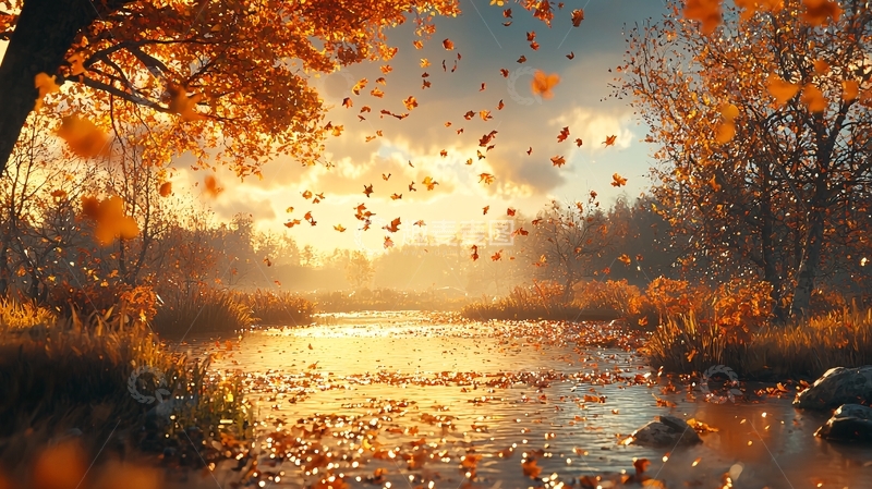 高清大图下载【趣麦麦图】秋日落叶飞舞的河流