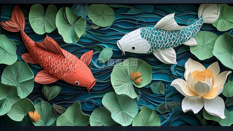 高清大图下载【趣麦麦图】纸雕鲤鱼荷花