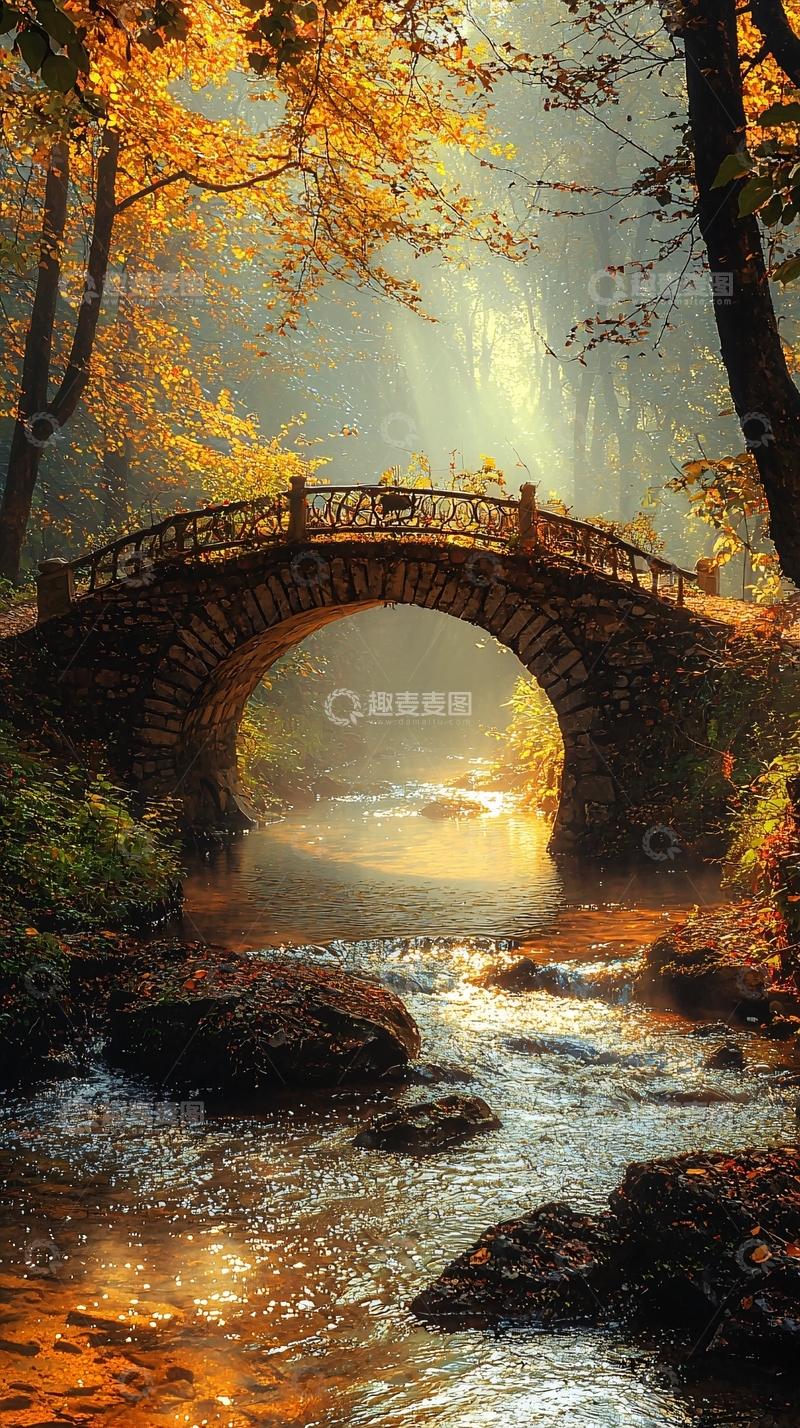 高清大图下载【趣麦麦图】秋日森林小桥流水