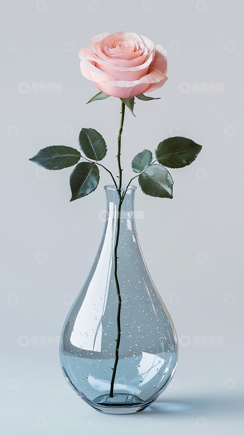 高清大图下载【趣麦麦图】单支粉色玫瑰玻璃瓶插花