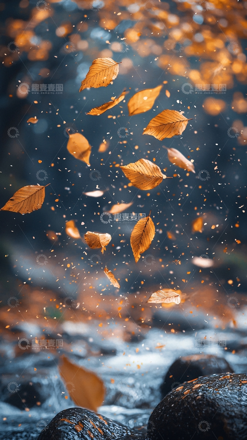 高清大图下载【趣麦麦图】秋叶飘落溪流