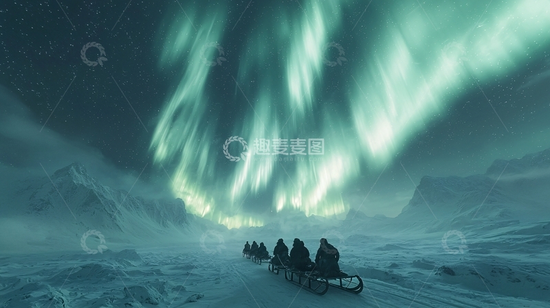 高清大图下载【趣麦麦图】极光雪地雪橇