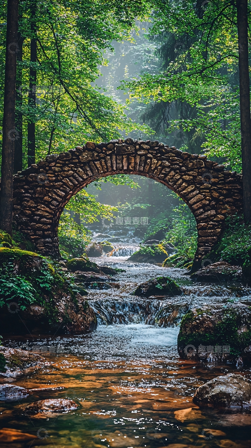高清大图下载【趣麦麦图】雾气森林石桥流水