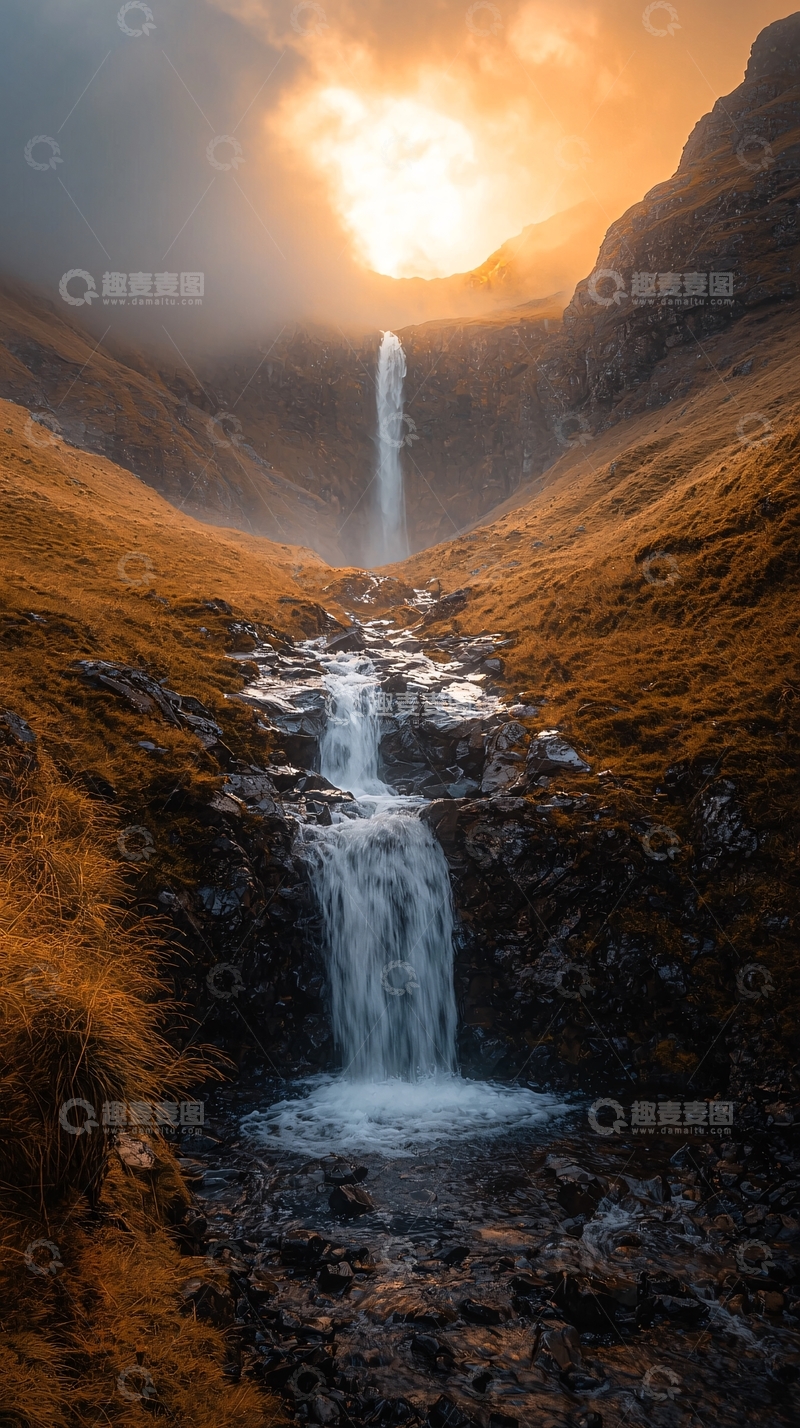 高清大图下载【趣麦麦图】峡谷日出瀑布