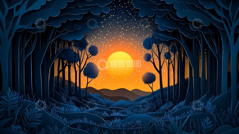高清大图下载【趣麦麦图】森林日落剪影