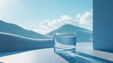 蓝色背景下的一杯水