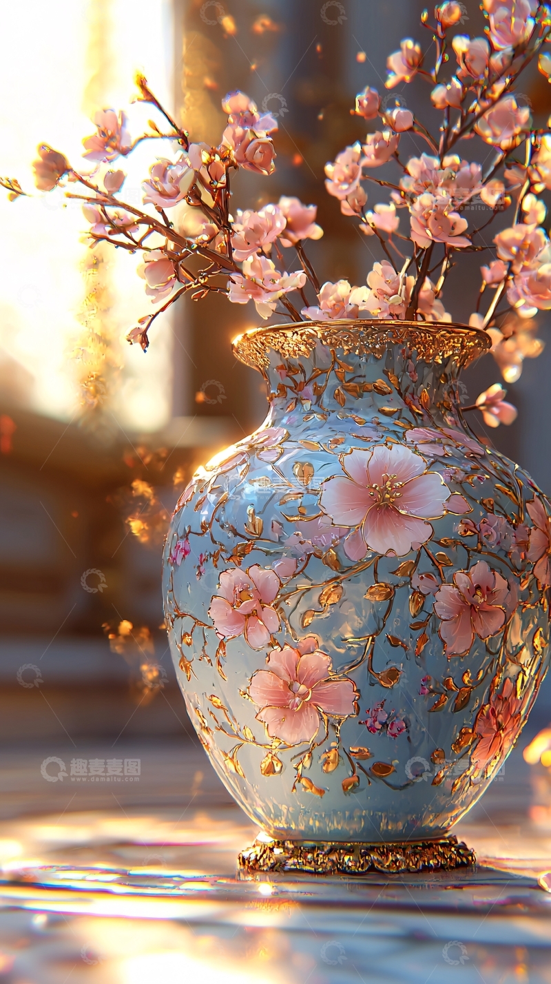 高清大图下载【趣麦麦图】阳光下花瓶里的粉色花枝