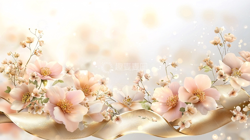 高清大图下载【趣麦麦图】轻柔粉色花朵金色丝带背景