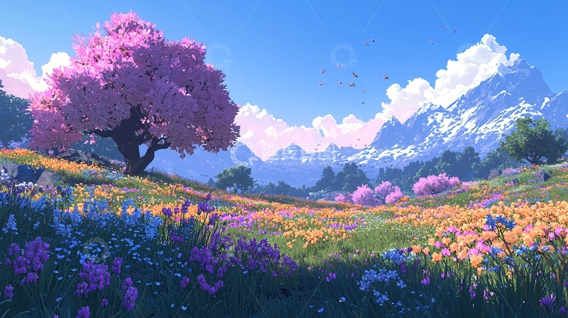 高清大图下载【趣麦麦图】梦幻樱花树下的花海