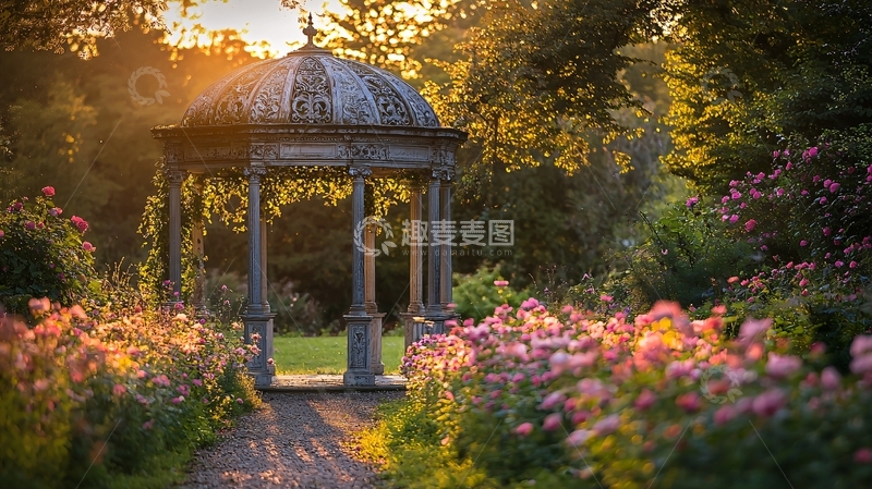 高清大图下载【趣麦麦图】花园凉亭夕阳