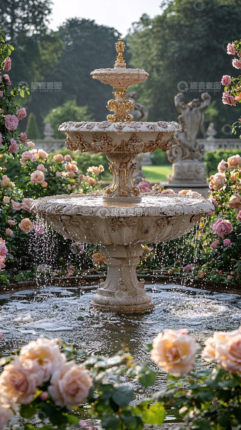高清大图下载【趣麦麦图】玫瑰花丛中的喷泉