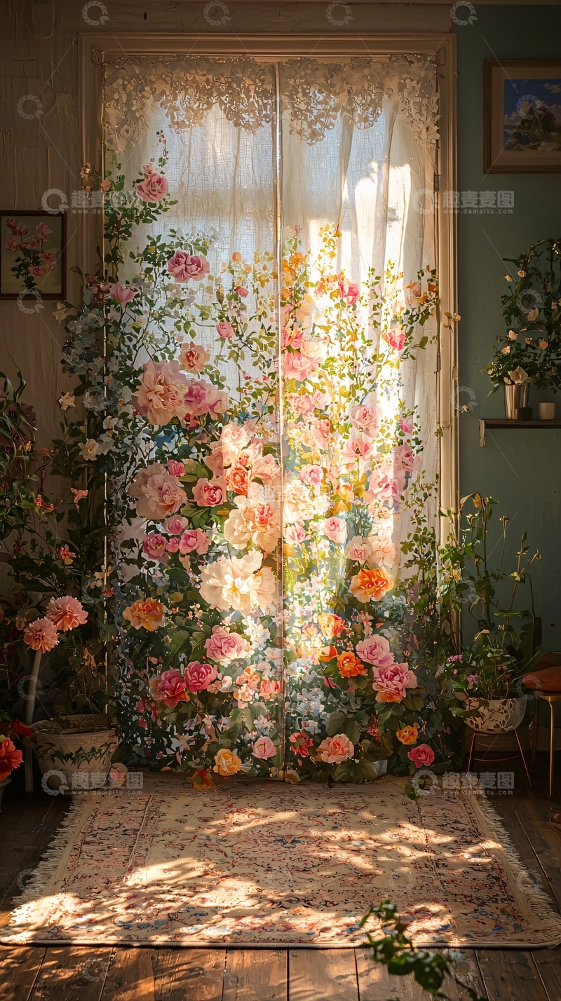 高清大图下载【趣麦麦图】阳光透过窗帘花朵