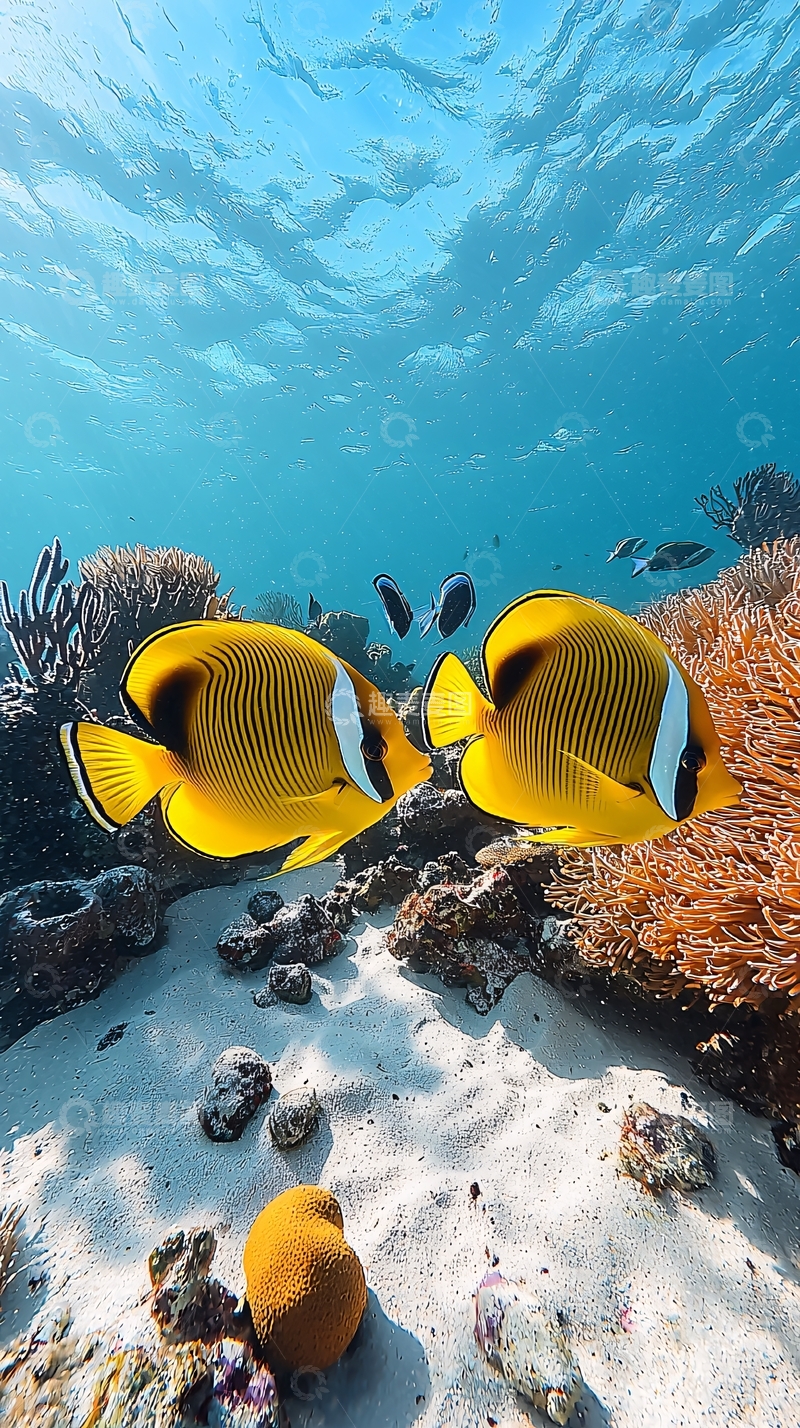 高清大图下载【趣麦麦图】海底珊瑚礁黄蝴蝶鱼