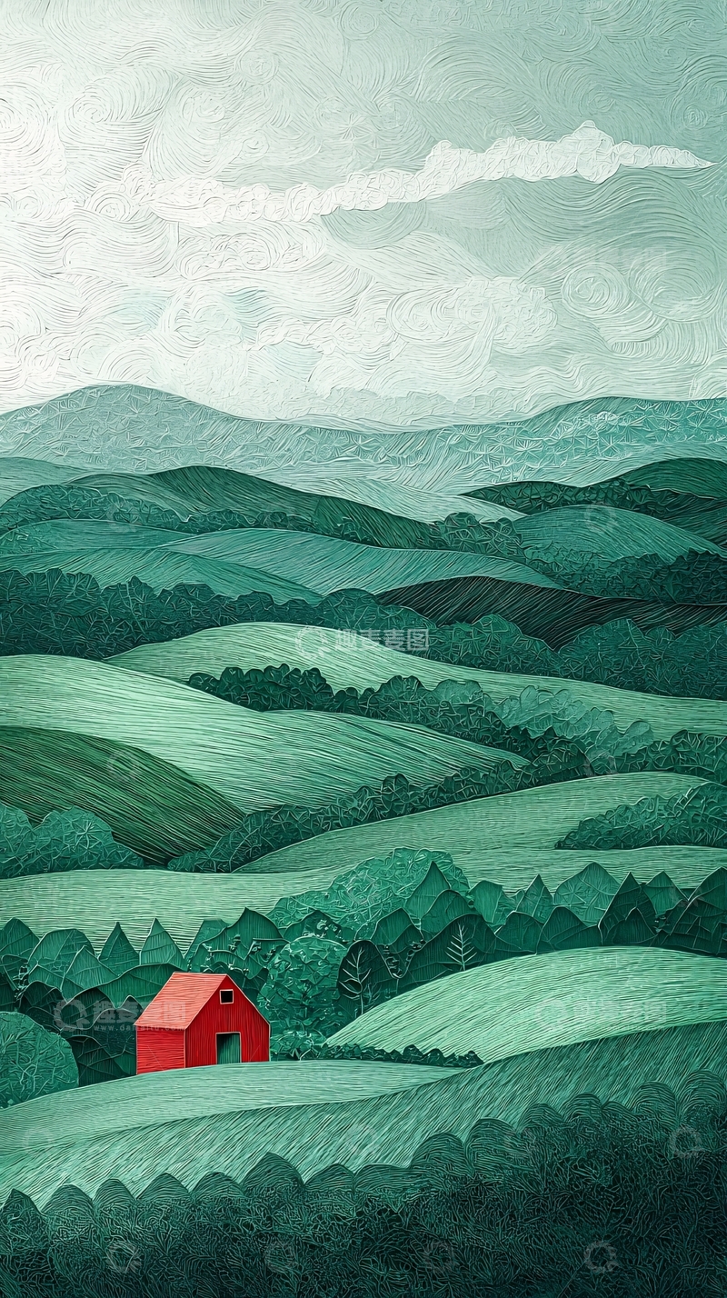高清大图下载【趣麦麦图】绿色山丘红色谷仓