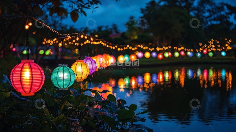 高清大图下载【趣麦麦图】夜色湖边彩灯映照