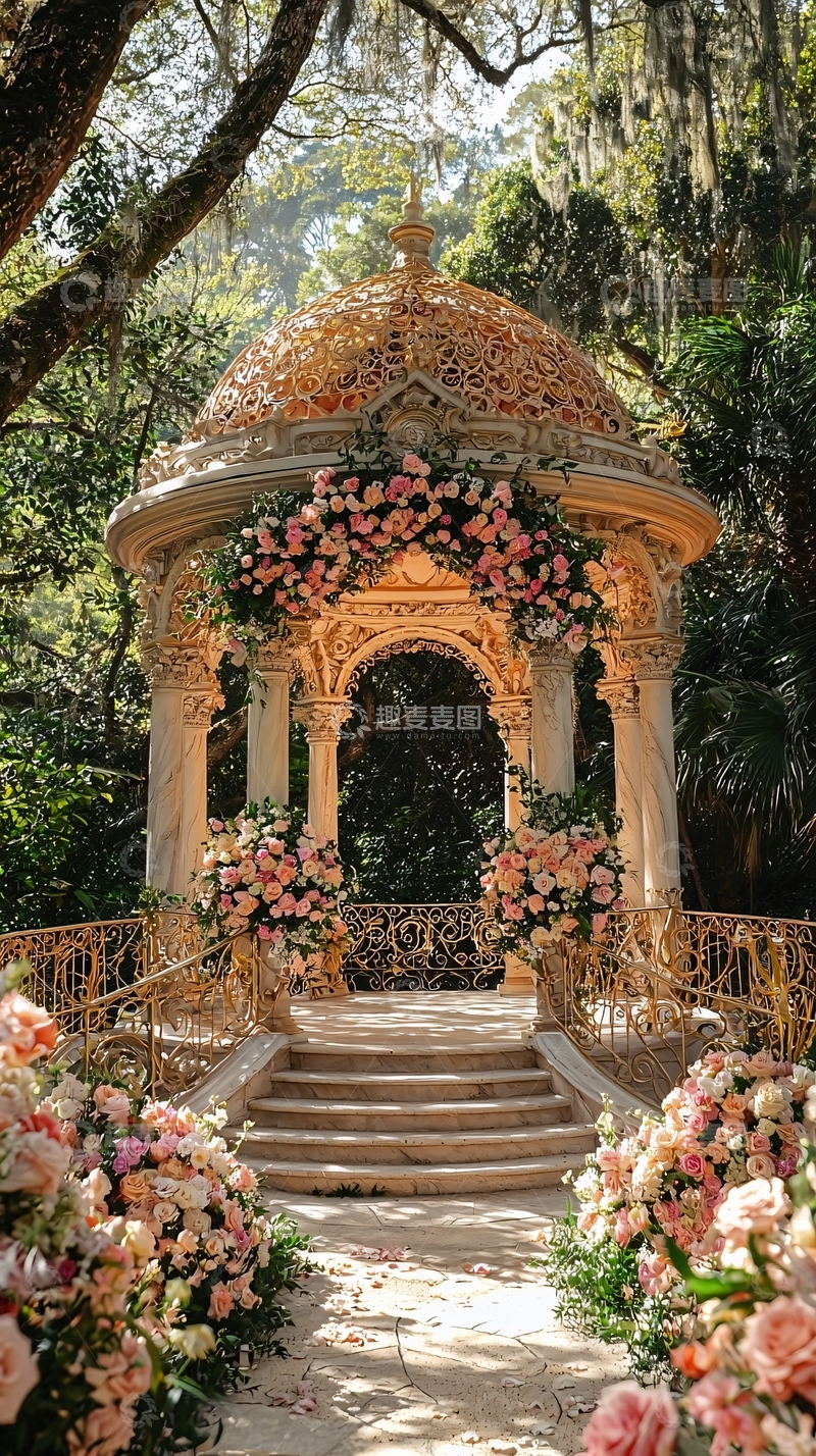 高清大图下载【趣麦麦图】-金色凉亭花卉装饰