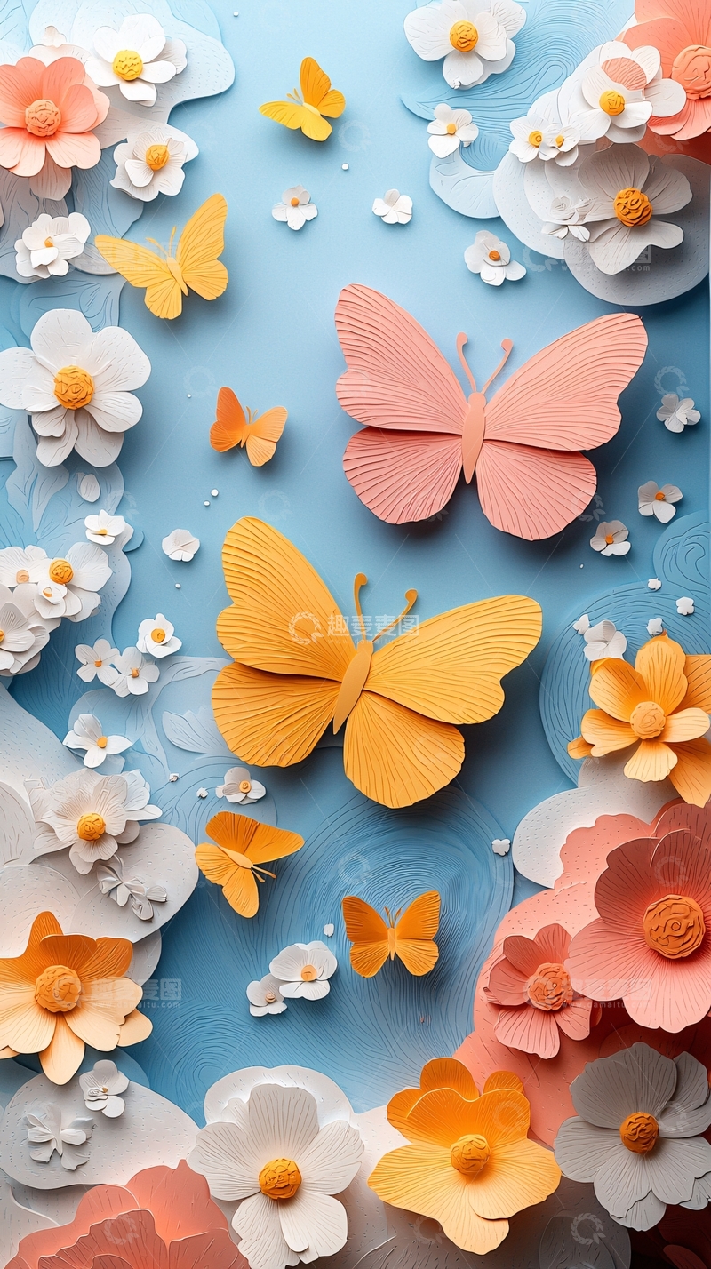 高清大图下载【趣麦麦图】纸艺蝴蝶花朵背景