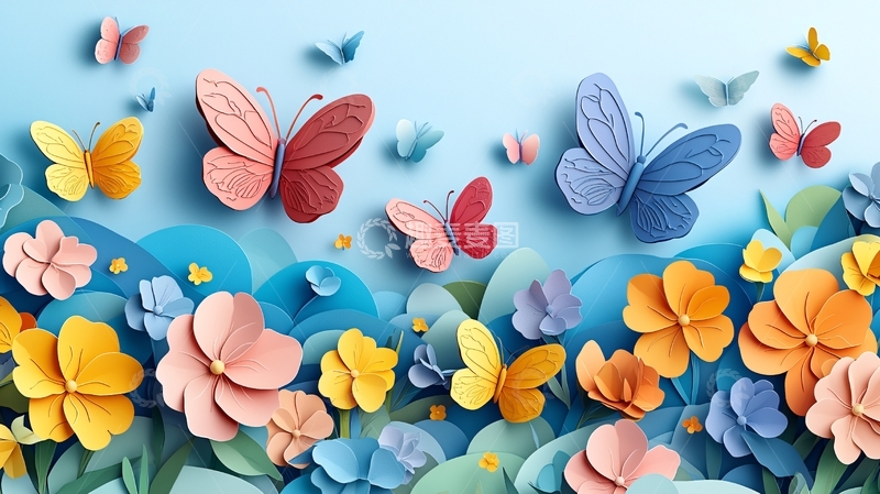 高清大图下载【趣麦麦图】彩纸蝴蝶花卉背景图