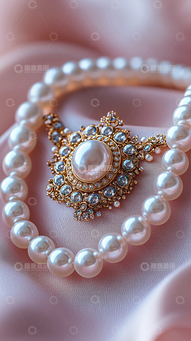 高清大图下载【趣麦麦图】粉色丝绸上珍珠项链和金色吊坠