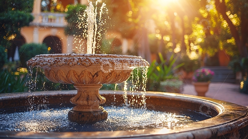 高清大图下载【趣麦麦图】阳光洒在庭院喷泉上