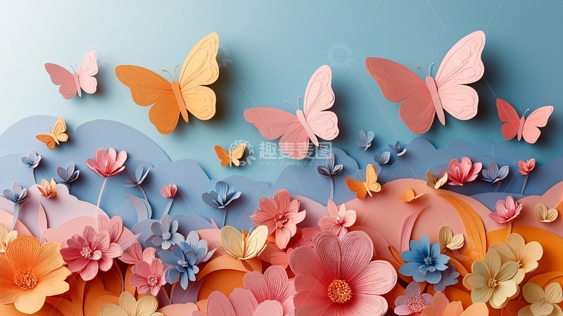 高清大图下载【趣麦麦图】纸艺蝴蝶花朵背景