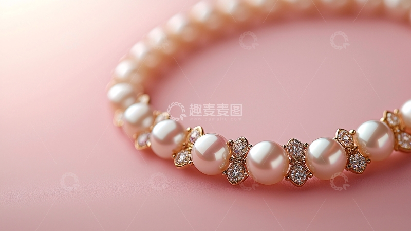 高清大图下载【趣麦麦图】珍珠手链在粉色背景上