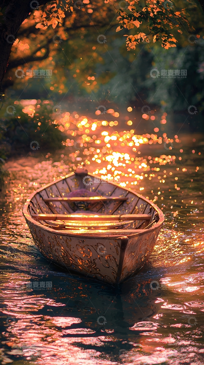 高清大图下载【趣麦麦图】夕阳下的独木舟