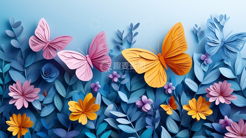 高清大图下载【趣麦麦图】纸艺蝴蝶花卉背景