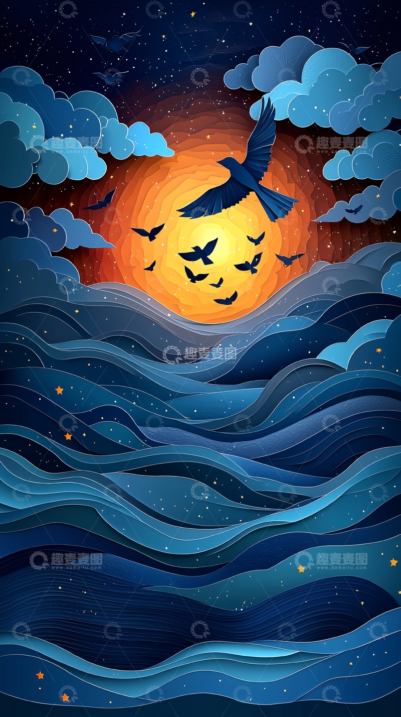 高清大图下载【趣麦麦图】剪纸风格夕阳海鸟