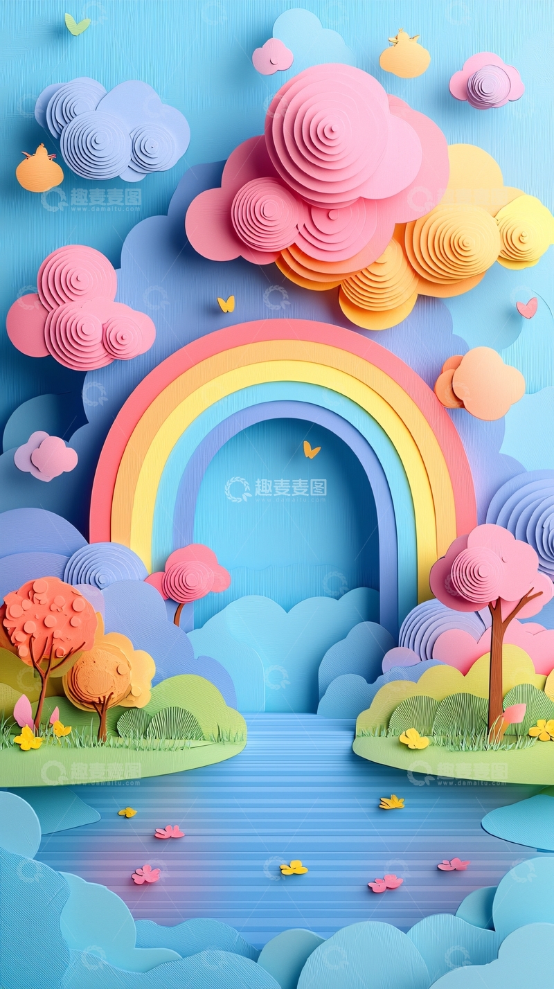 高清大图下载【趣麦麦图】彩虹云朵树木湖泊