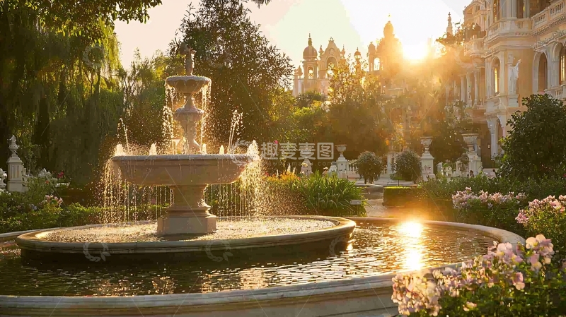 高清大图下载【趣麦麦图】阳光下喷泉花园景色