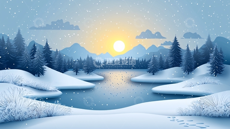 高清大图下载【趣麦麦图】冬日雪景湖泊日出