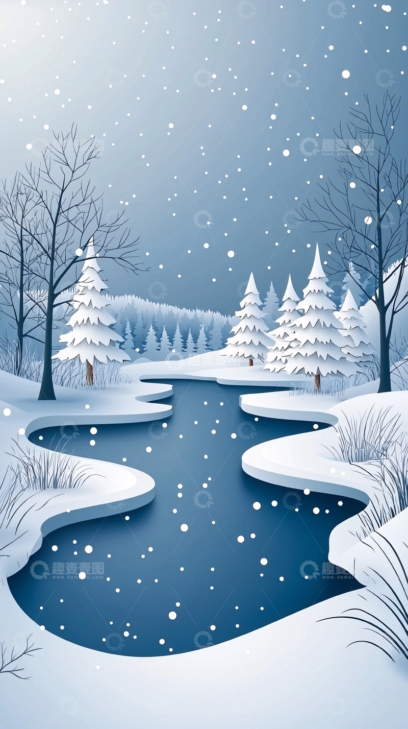 高清大图下载【趣麦麦图】冬日雪景河流风景
