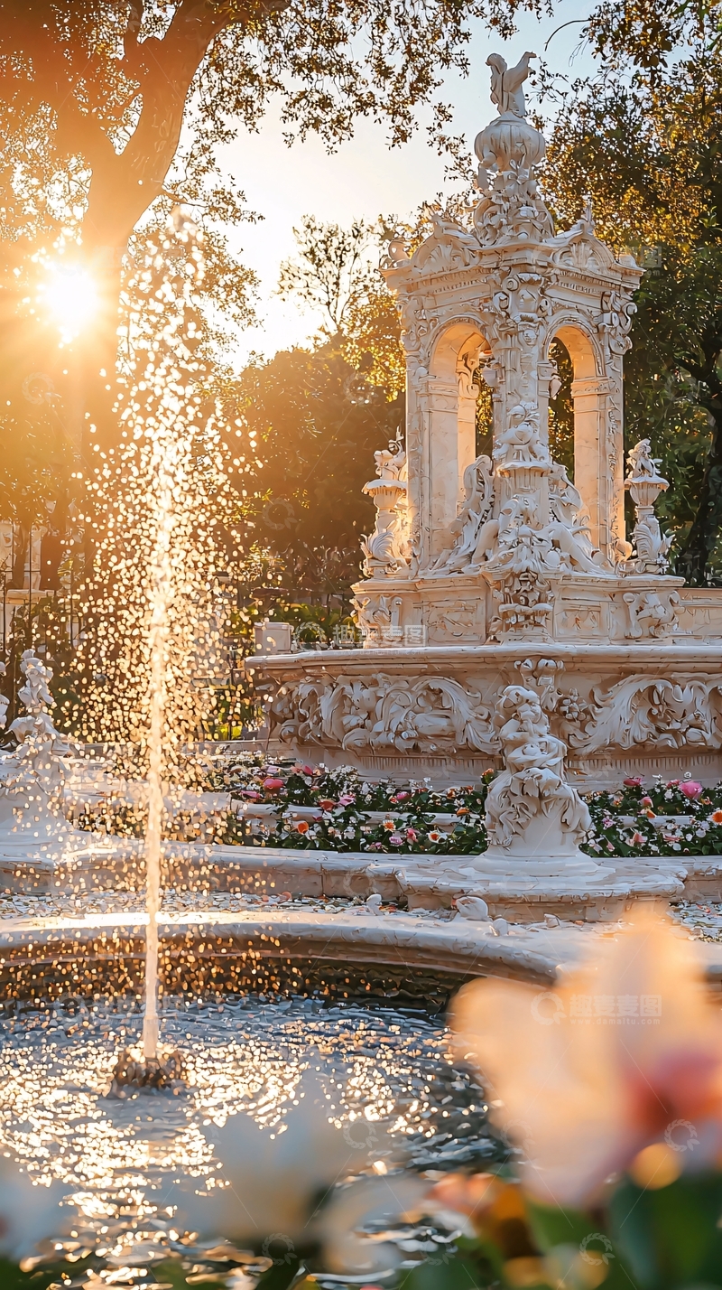 高清大图下载【趣麦麦图】夕阳下的巴洛克风格喷泉