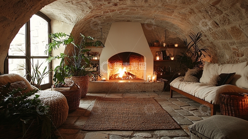 高清大图下载【趣麦麦图】石砌壁炉乡村客厅