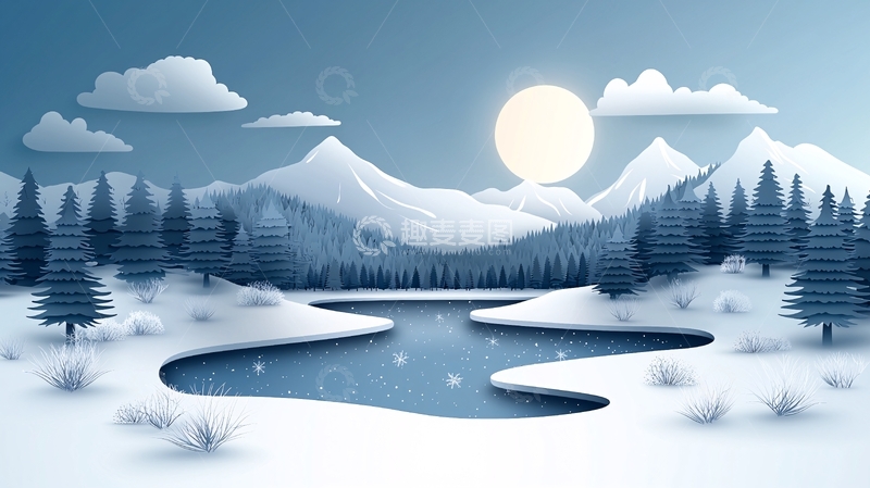 高清大图下载【趣麦麦图】冬夜雪景湖泊山峦剪纸风格