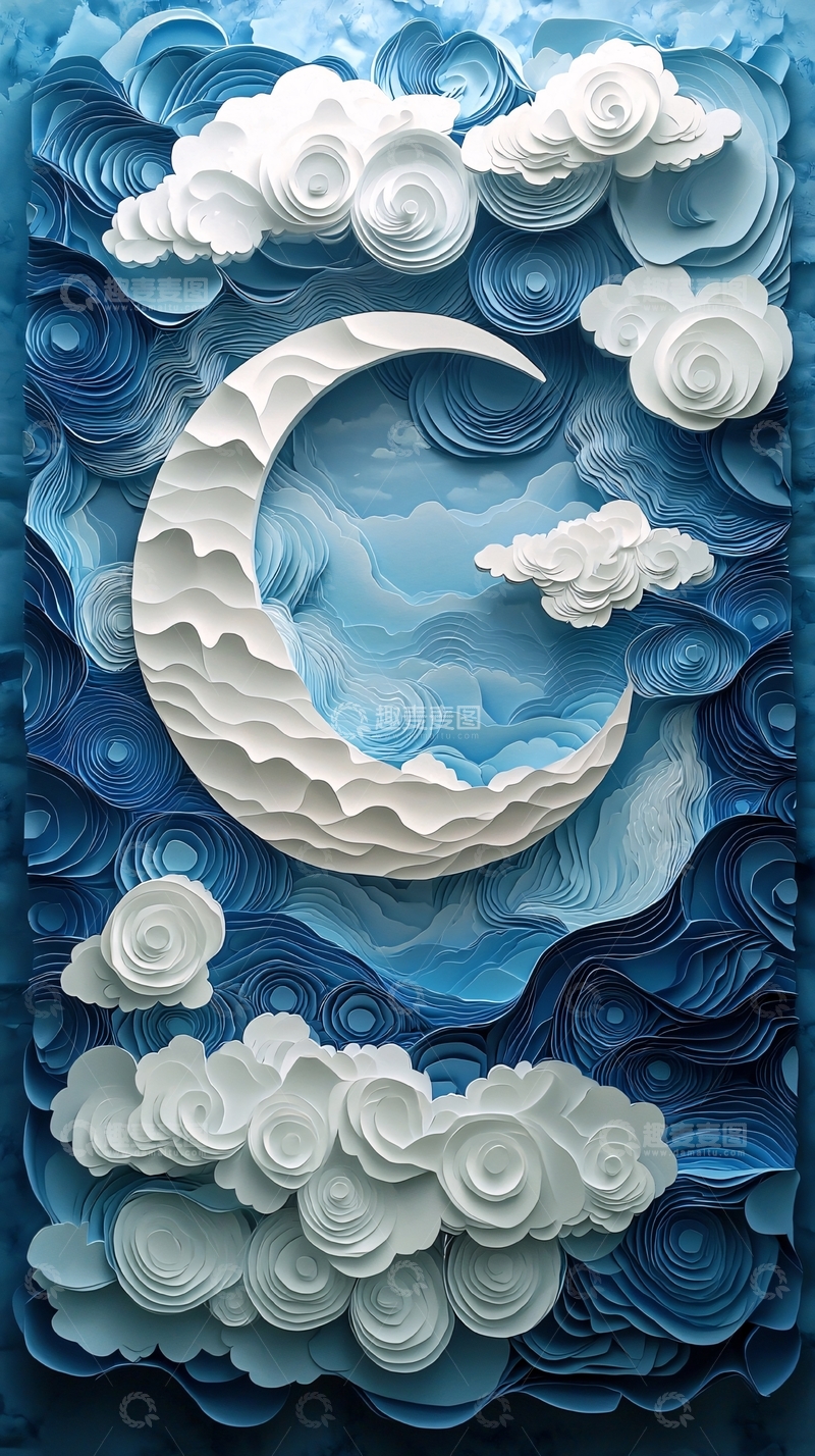 高清大图下载【趣麦麦图】蓝色系纸雕月亮