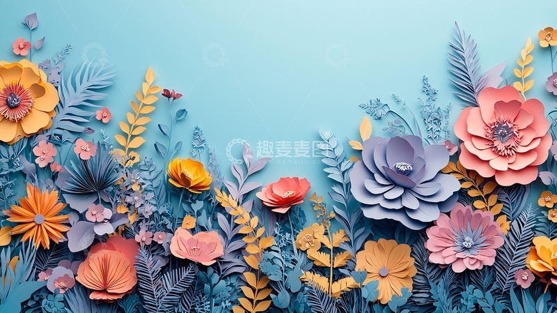 高清大图下载【趣麦麦图】蓝色背景纸艺花朵