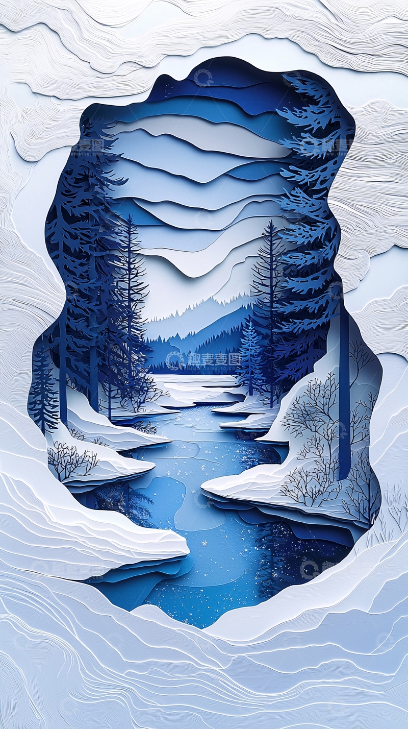 高清大图下载【趣麦麦图】蓝白冬季立体剪纸风景