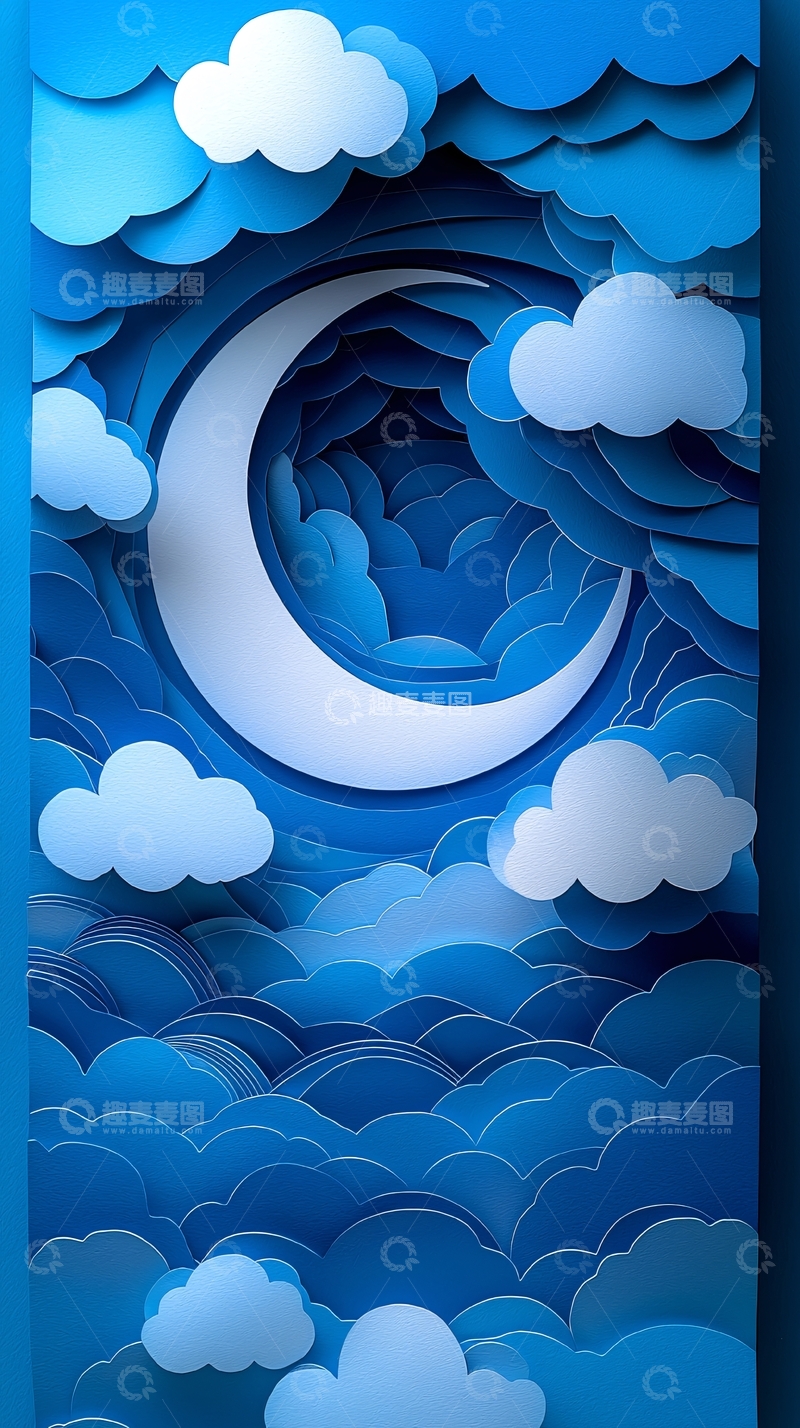 高清大图下载【趣麦麦图】蓝色剪纸月亮