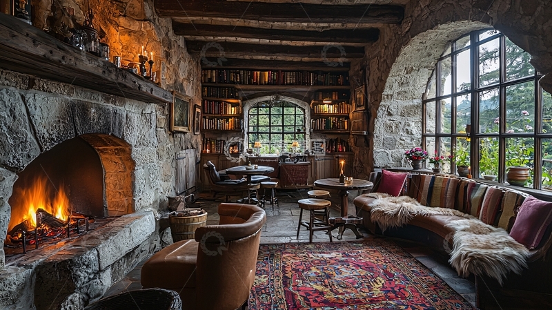 高清大图下载【趣麦麦图】温暖舒适的石砌壁炉房间