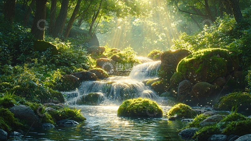 高清大图下载【趣麦麦图】阳光森林小溪瀑布