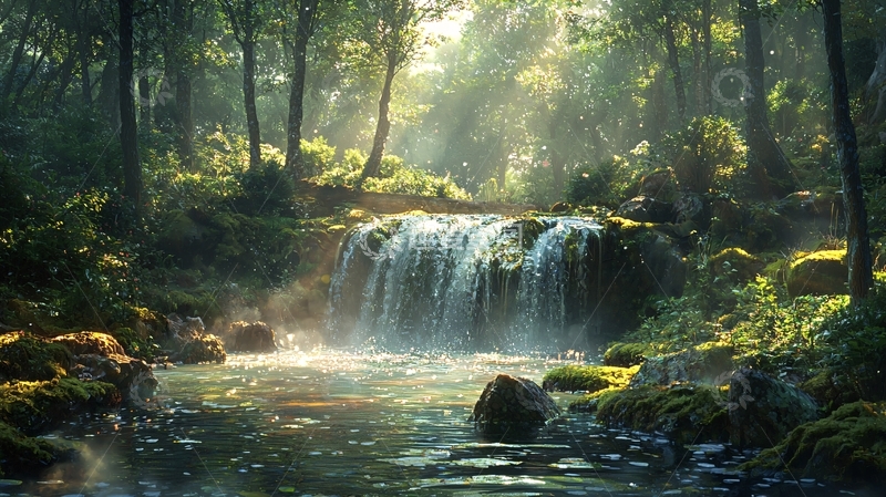 高清大图下载【趣麦麦图】森林瀑布阳光