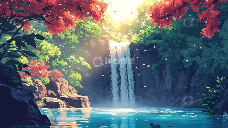 高清大图下载【趣麦麦图】阳光森林瀑布